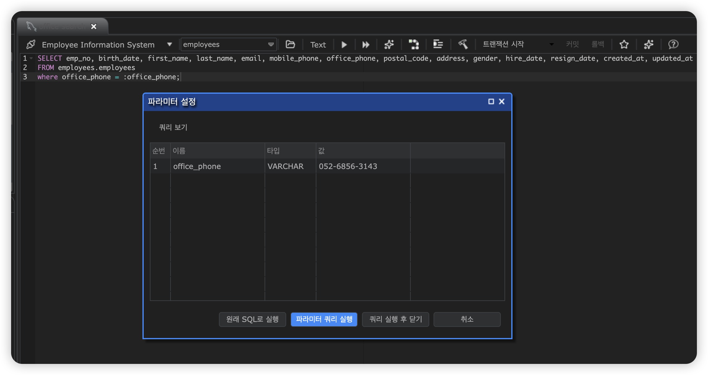 A saved query with an inline parameter (:office_phone)