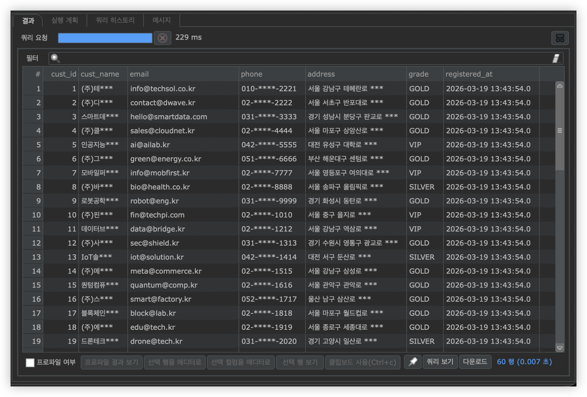 Masked customer columns in the result grid